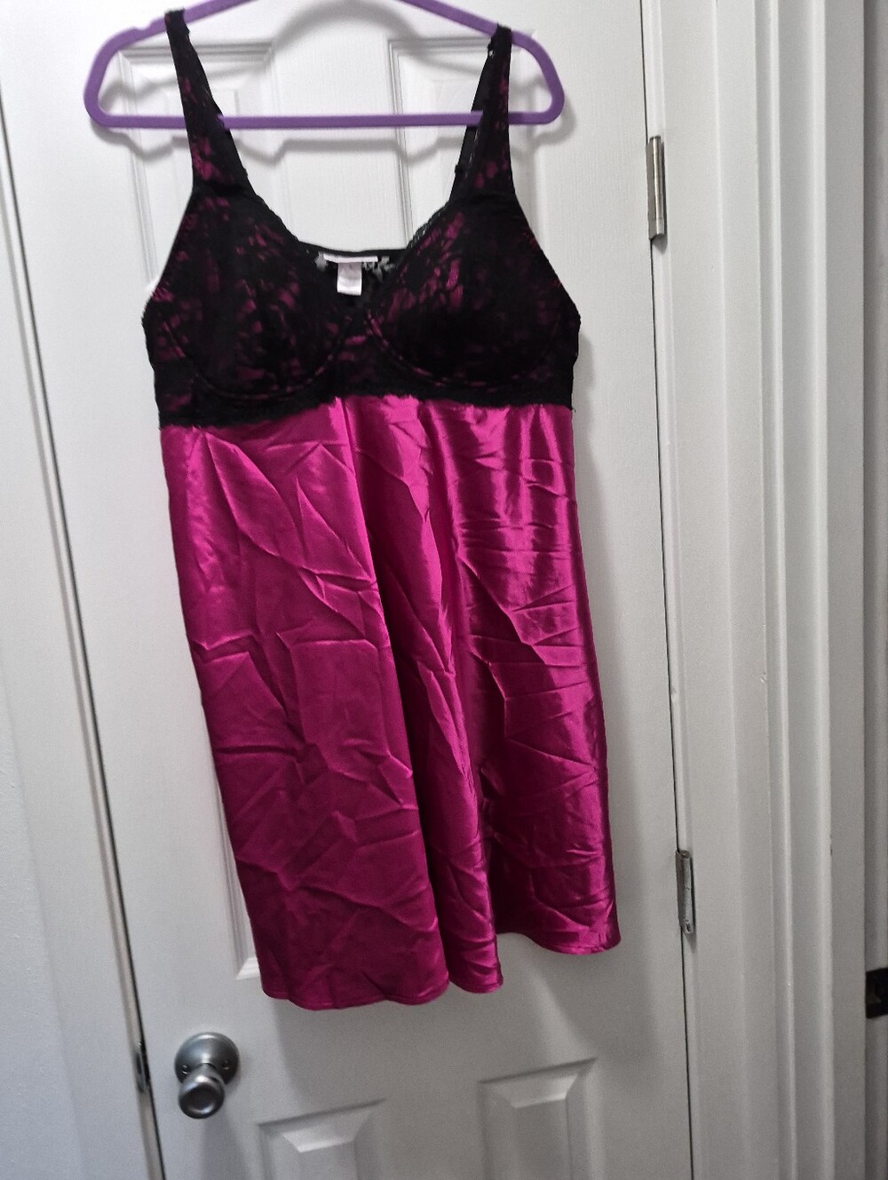 Fashion Bug Hot Pink Satin Chemise with Black Lace Bodice
